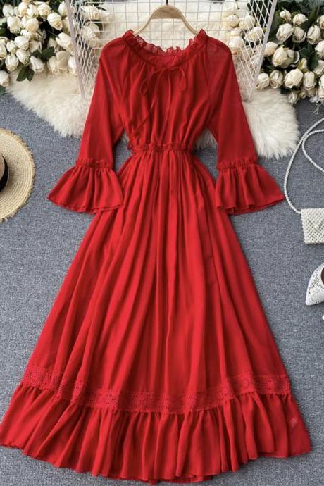 Red chiffon lace dress red A line dress