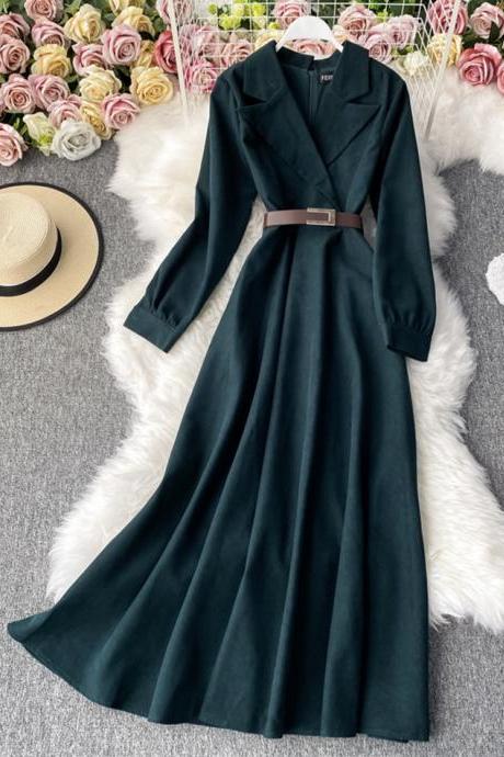 Elegant Corduroy Long Sleeve Dress A Line Dress