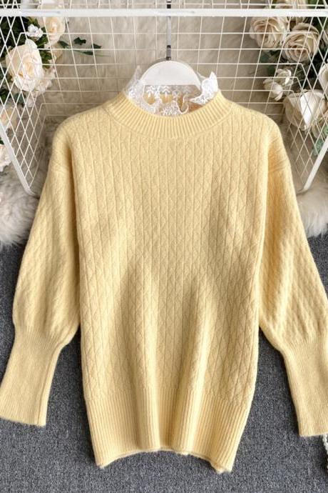 Cute Round Neck Lace Long Sleeve Sweater