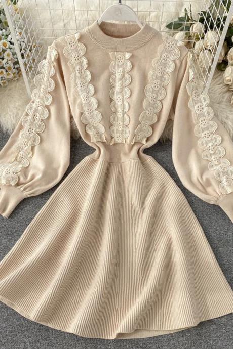 A line long sleeve lace sweater dress
