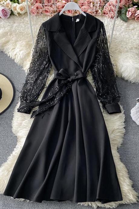 Black v neck sequins long sleeve dress