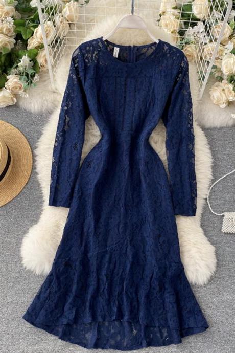 Blue round neck lace short dress long sleeve dress