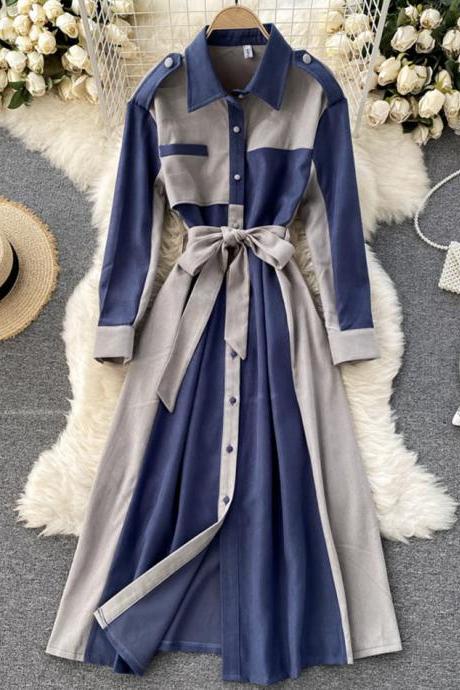 Stylish long-sleeved dress color matching slim dress