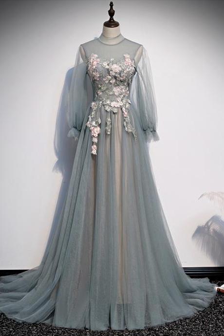 Blue Tulle Lace Appliqué Long Prom Dress Evening Dress