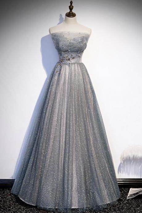 Gray tulle beads long prom dress shiny evening dress