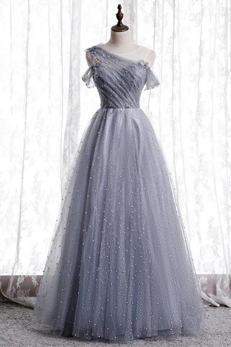 Gray Tulle Beads Long Prom Dress Cute Evening Dress