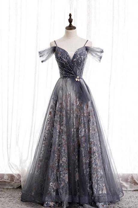 A Line Tulle Sequins Long Prom Dress Evening Dress