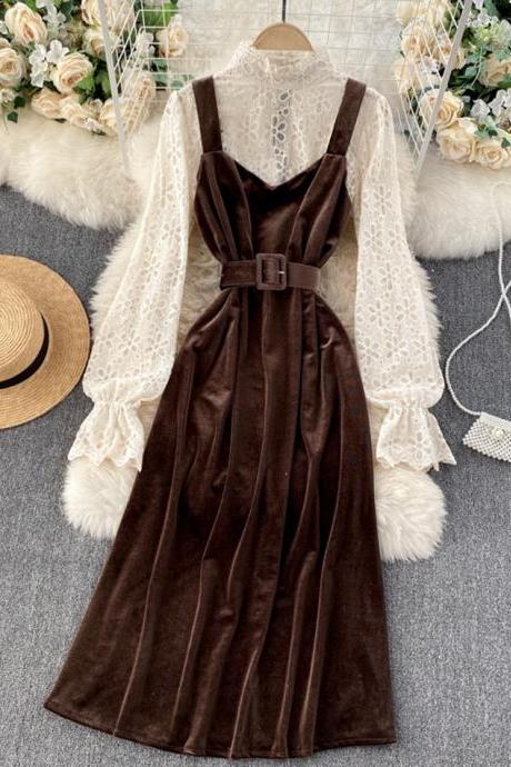 Stylish lace velvet long sleeve dress fashion dress