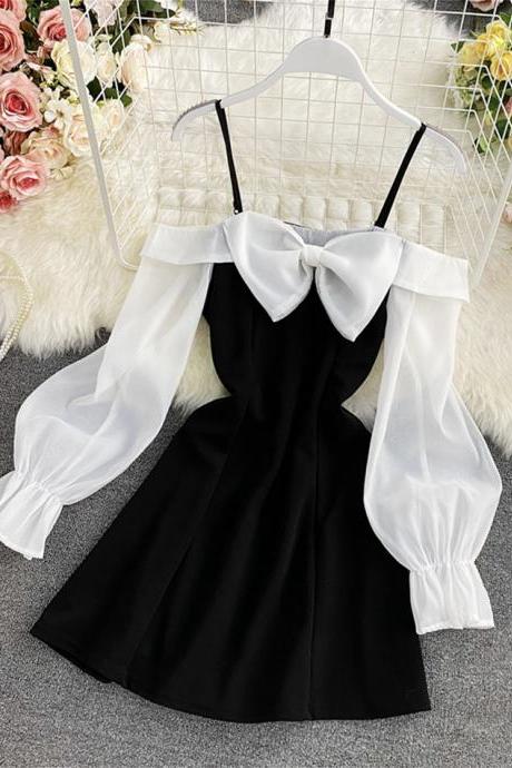 Cute Bow Short Dress Long Sleeve Dress