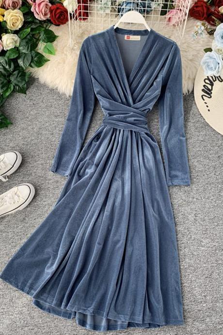 Elegant V Neck Velvet Dress Long Sleeve Dress