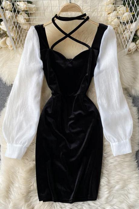 Black velvet and white dress long sleeve dress