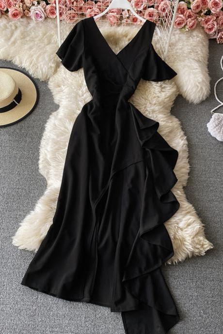 Unique V neck black dress short dress