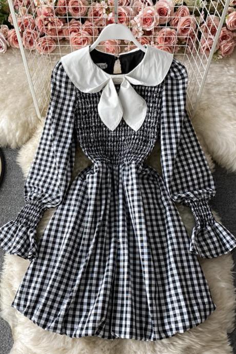 Cute A line short dress black and white plaid dress