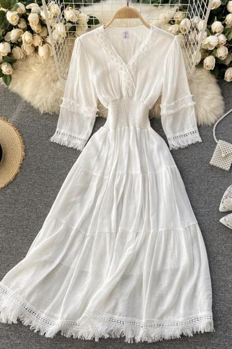 White A line lace dress v neck dress