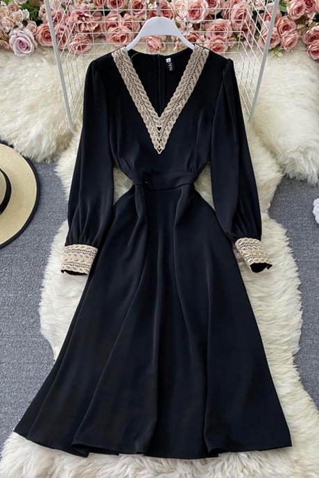 Elegant v neck lace long sleeve dress black dress