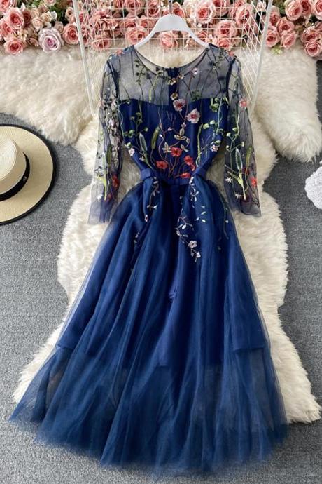 Blue A line tulle dress blue embroidery dress