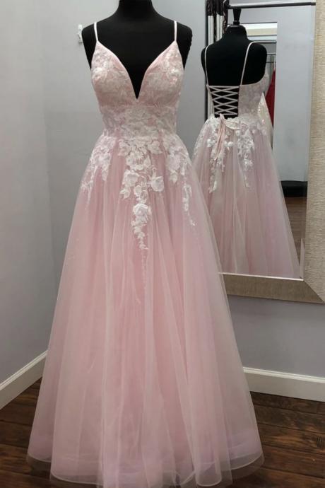 Pink V Neck Tulle Long Prom Dress Pink Evening Dress