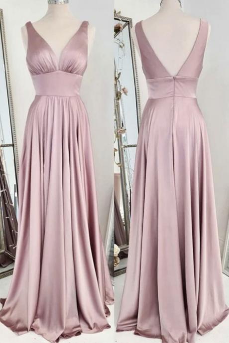 Pink V Neck Satin Long Prom Dress Simple Evening Dress