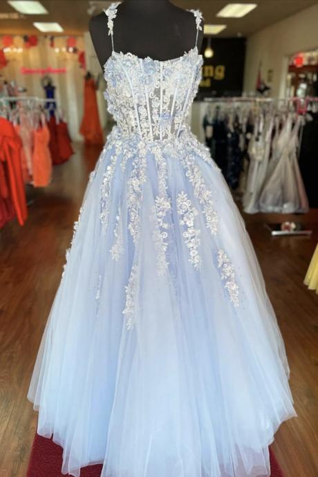 Blue A line tulle long prom dress with appliqué