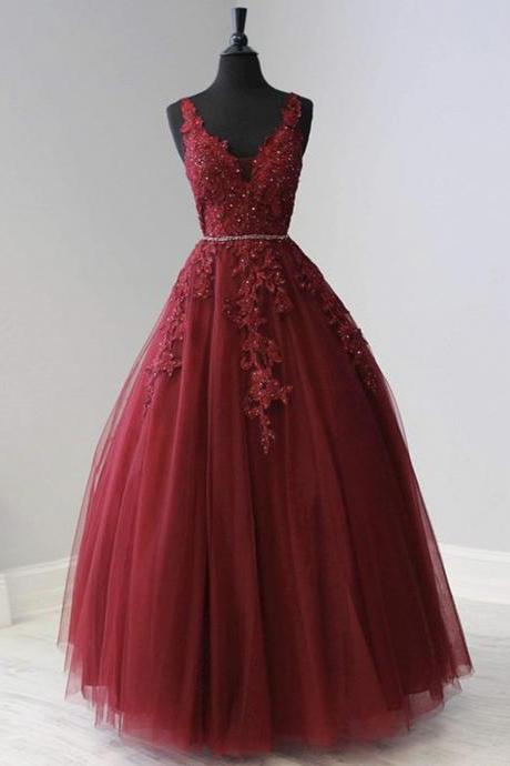 Burgundy Lace Long Prom Dress Burgundy Evening Dress