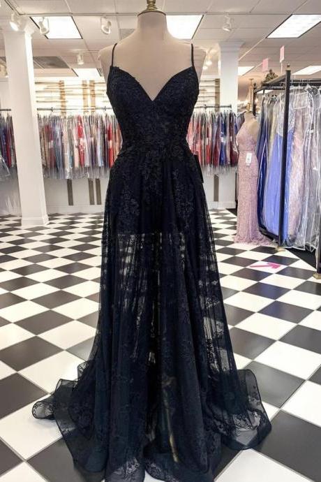 Black Lace Long Prom Dress Burgundy Evening Dress