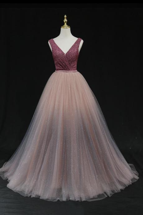 Amazing A Line Tulle Long Prom Dress V Neck Evening Dress