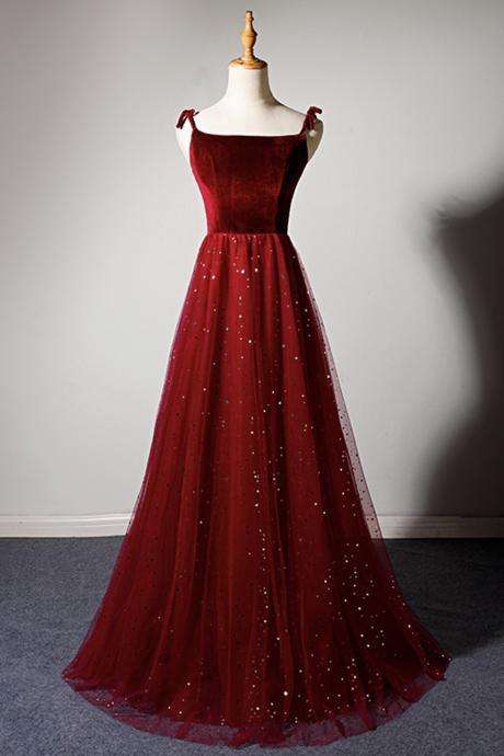 Burgundy velvet tulle long prom dress evening dress