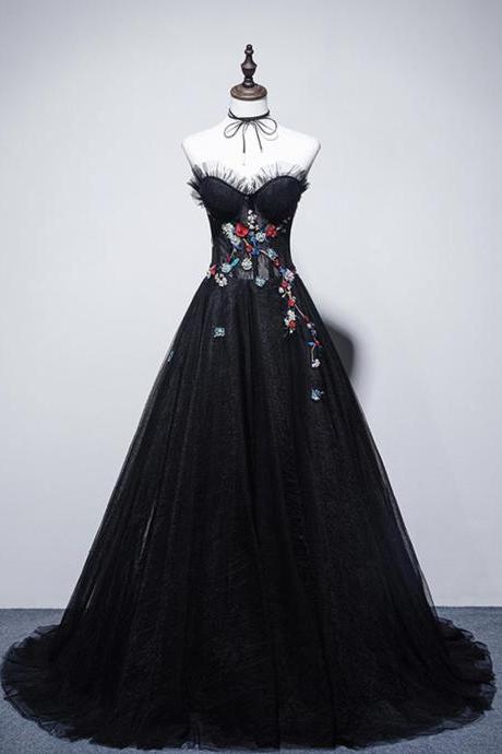 Black tulle long prom dress black evening dress
