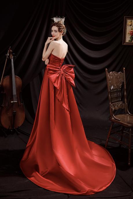 Red Satin High Low Prom Dress With Big Bow