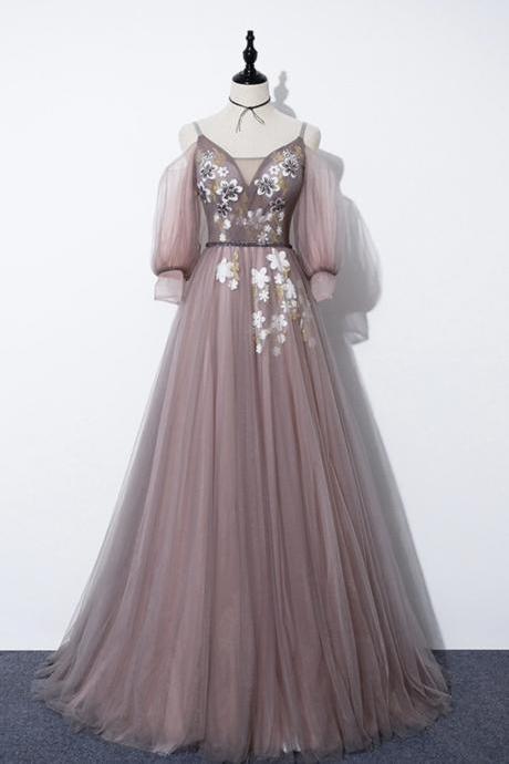 Elegant V Neck Tulle Long Prom Dress Evening Dress