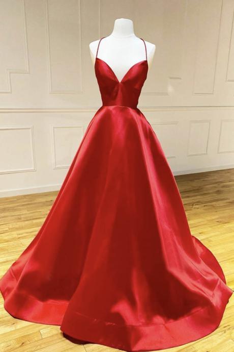 Red Satin Long Prom Dress Simple Evening Dress