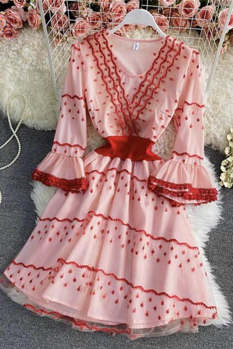 Pink A line lace short dress fashion dress