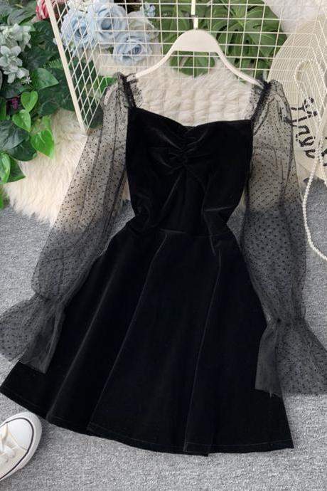 Black velvet short dress long sleeve dress