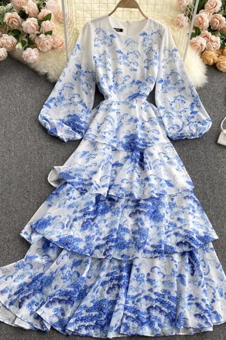 Cute Round Neck Long Sleeve Dress Blue Floral Pattern Dress