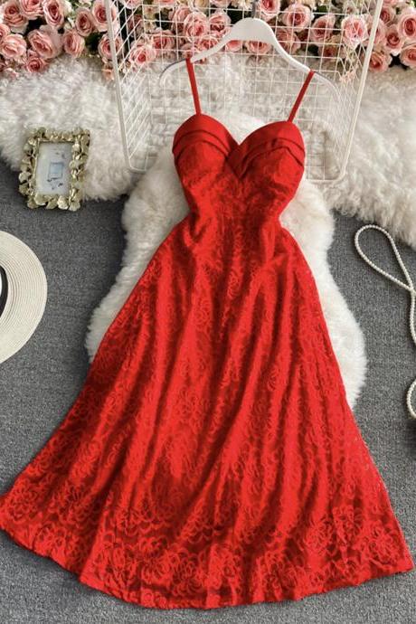 Red lace short A line dress fashion girl dress