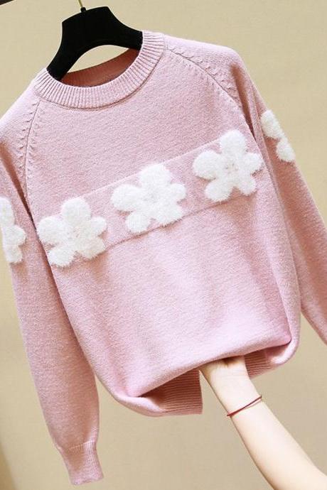 Sweet Round Neck Flower Sweater