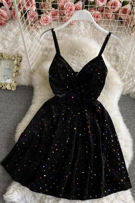 Black velvet short dress A line mini dress