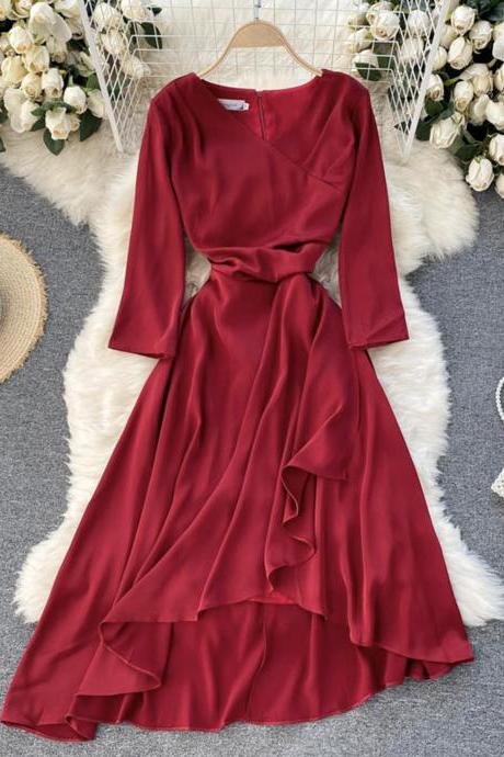 Red v-neck irregular dress A line fashion dress