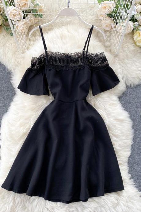 Cute black lace short dress A line off shoulder dress