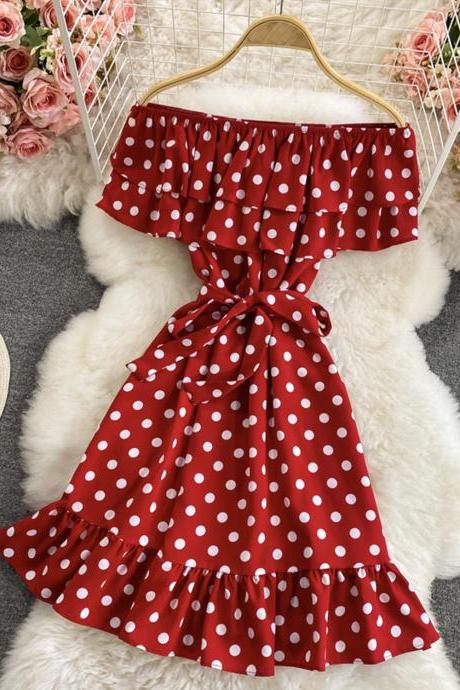 Cute polka dot dress A line off shoulder dress