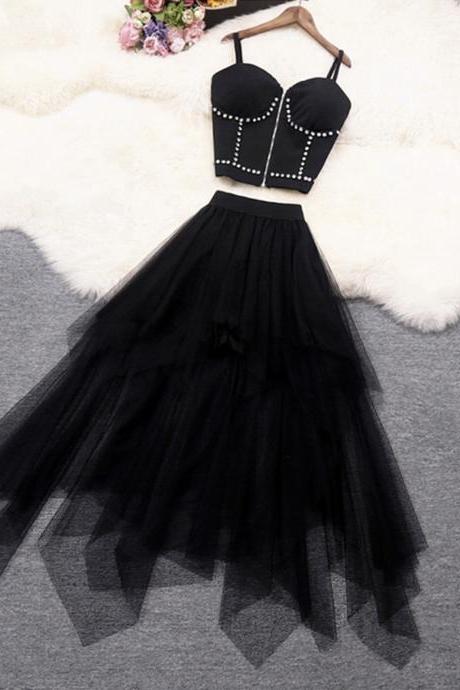 Black A line tulle two pieces dress fashion dress