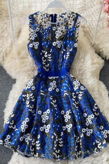 Blue lace applique short dress fashion dress