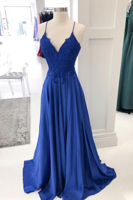 Blue Satin Lace Long A Line Prom Dress Evening Dress