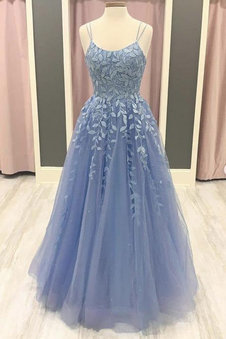 Blue Lace Long A Line Prom Dress Blue Evening Dress