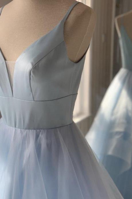 Blue V Neck Tulle Long Prom Dress Blue Evening Dress