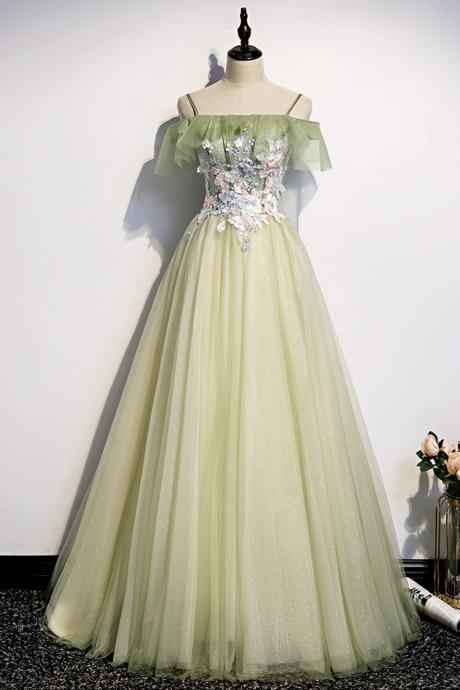 Green Tulle Lace Long A Line Prom Dress Evening Dress