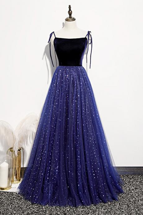 Blue velvet tulle long prom dress A line evening dress