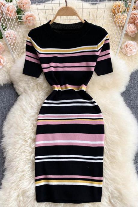 The Trendy Design Sense Contrast Color Striped Slim Short Knit Bag Hip Skirt Dress Women