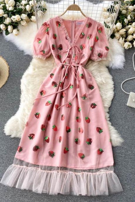 Pink V Neck Strawberry A Line Dress Fashion Dress