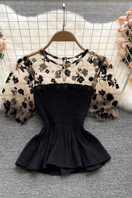Black lace short sleeve tops